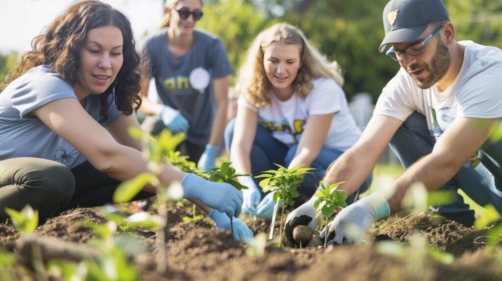 Gruppe von Freiwilligen pflanzt gemeinsam junge Pflanzen im Boden während einer Umwelt- oder Gemeinschaftsaktion im Freien