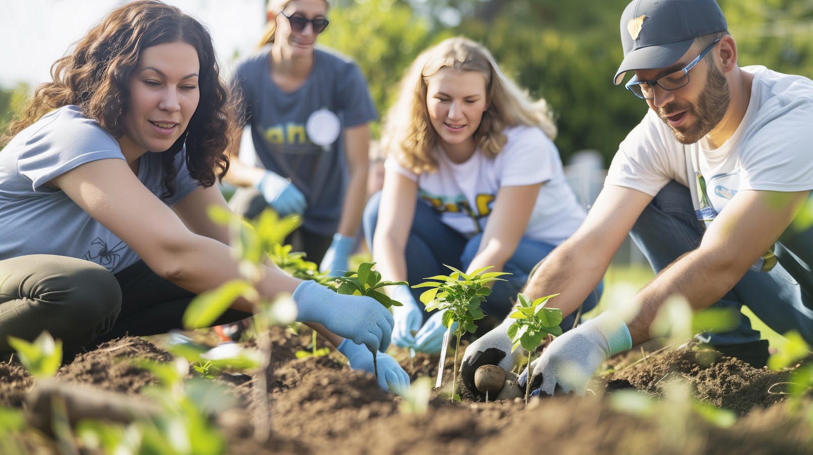 Gruppe von Freiwilligen pflanzt gemeinsam junge Pflanzen im Boden während einer Umwelt- oder Gemeinschaftsaktion im Freien